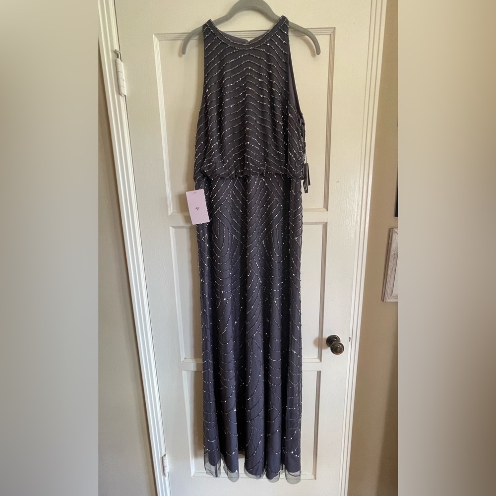 Adrianna Papell Madigan Beaded Tulle Dress in Gunmetal Size 14